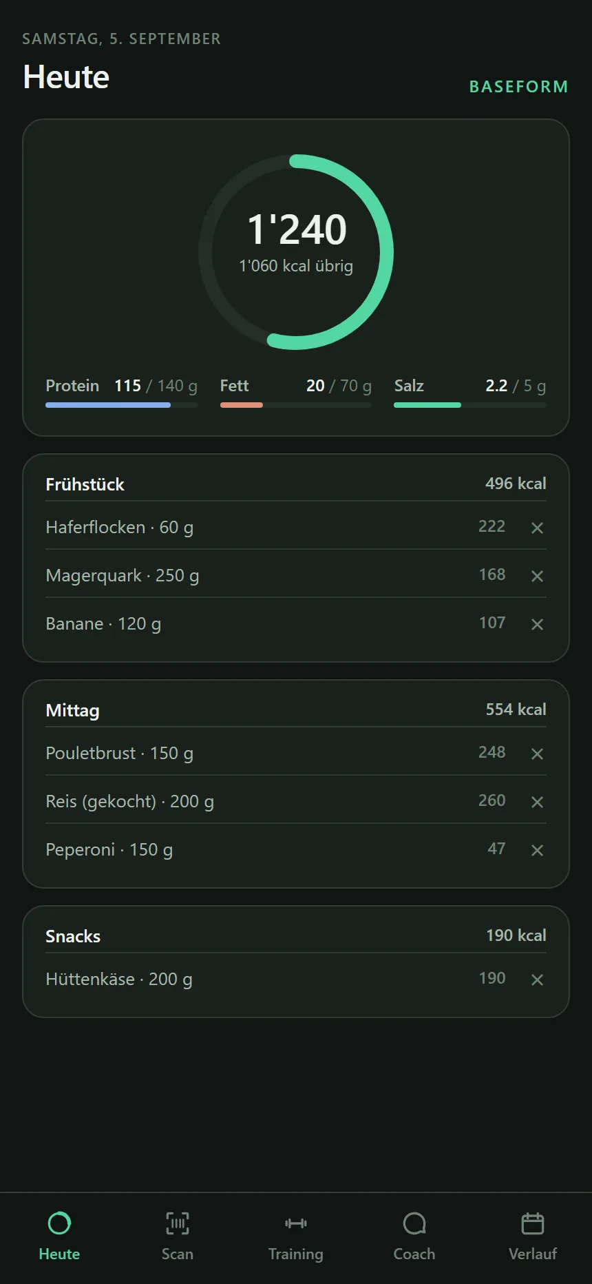Heute. Tagesring, Balken für Protein, Fett und Salz, darunter die Mahlzeiten.