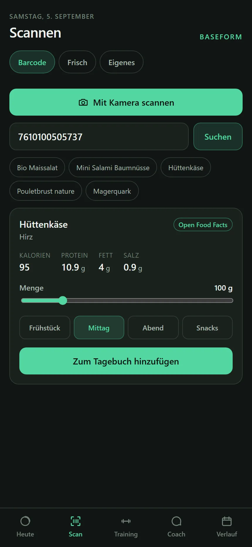 Scannen. Treffer live von Open Food Facts, Menge und Mahlzeit wählen.