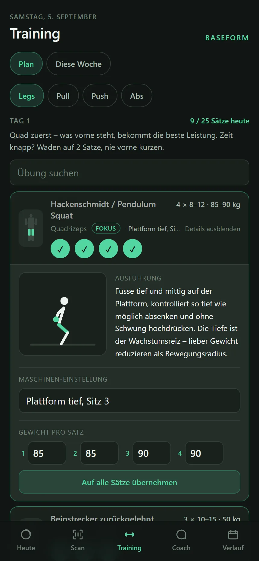 Training. Animation, Ausführungshinweis, Maschinen-Einstellung, Gewicht pro Satz.
