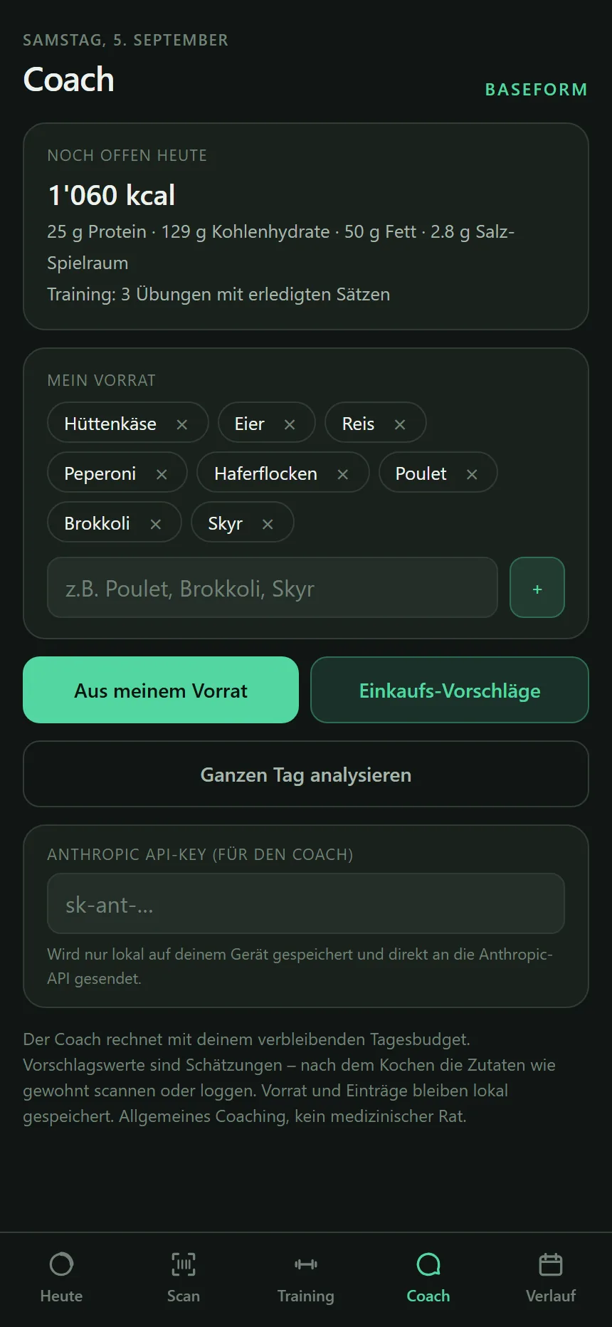 Coach. Restbudget, Vorrat als Chips, drei Modi. Der Schlüssel bleibt auf dem Gerät.