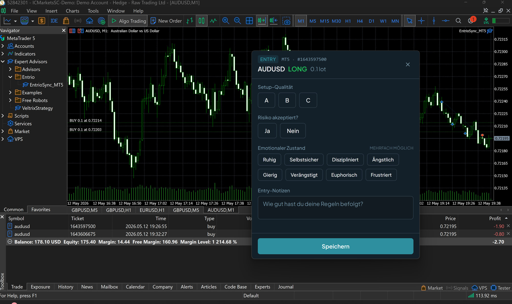 Das Popup über dem Handelsterminal: Der Expert Advisor meldet den Trade lokal, die Desktop-App fragt nach Qualität, Risiko, Emotion und Notiz, bevor das Ergebnis feststeht.