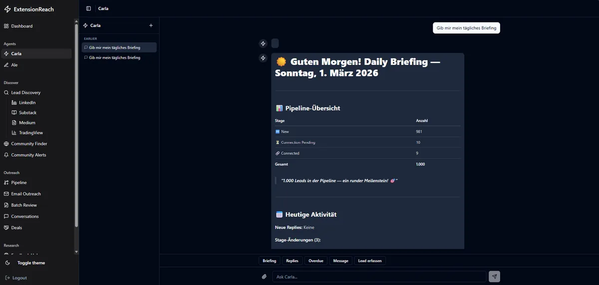 Carla. Das Tagesbriefing als gerendertes Markdown, mit Pipeline-Tabelle, Gesprächshistorie und Schnellaktionen.