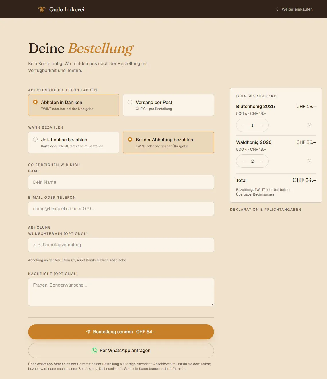 Kasse: Abholung oder Versand, Zahlung online oder vor Ort, Bestellung mit oder ohne Konto.