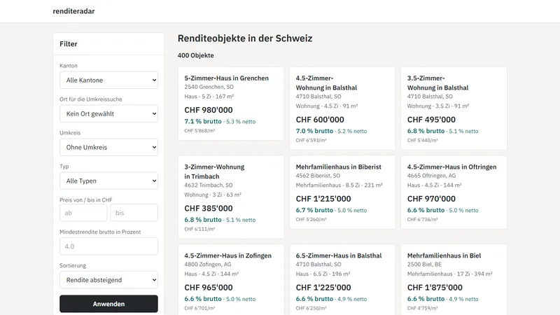 Liste der Renditeobjekte mit Filterleiste.